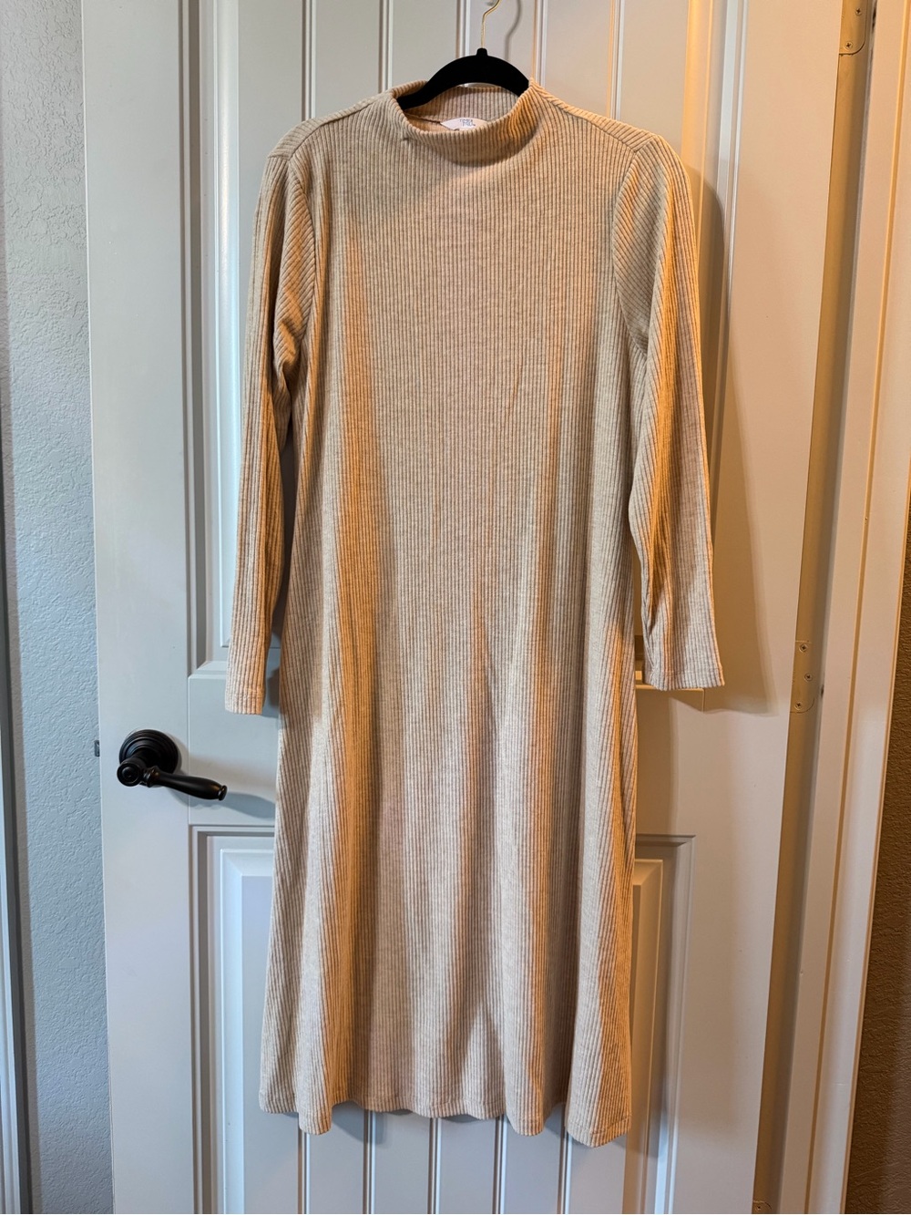 Time and Tru Ribbed Mock Neck Long Sleeve Midi Dress - Beige